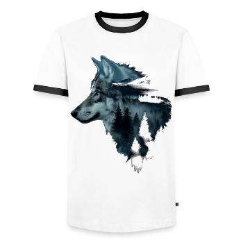Loup Nature Camping randonnée cadeau - T-shirt contrasté Homme - blanc/noir - Devant - AI Model Female 172 light (172cm) & AI Model Male 178 dark (178cm)