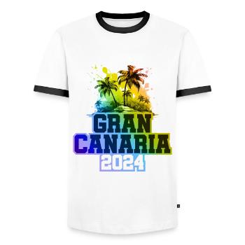 Gran Canaria 2024 Holiday Palm Trees Colorful - Men's Ringer Shirt - white/black - Front - AI Model Female 172 light (172cm) & AI Model Male 178 dark (178cm)