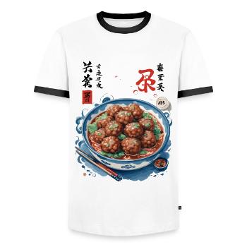Japanese Ukiyo-e Food Art Meat Ramen Soup - Men's Ringer Shirt - white/black - Front - AI Model Female 172 light (172cm) & AI Model Male 178 dark (178cm)