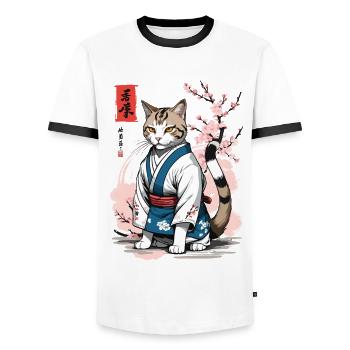 Kimono Katze Asiatische Japan Ukiyo-E Retro Kunst - Männer Kontrast-T-Shirt - Weiß/Schwarz - Vorne - AI Model Female 172 light (172cm) & AI Model Male 178 dark (178cm)