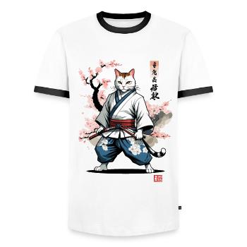 Chat samouraï Vintage Japon Streetwear Art - T-shirt contrasté Homme - blanc/noir - Devant - AI Model Female 172 light (172cm) & AI Model Male 178 dark (178cm)