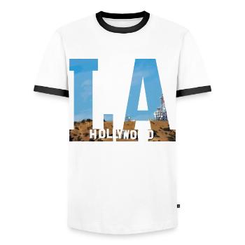 Los Angeles, California, LA - Men's Ringer Shirt - white/black - Front - AI Model Female 172 light (172cm) & AI Model Male 178 dark (178cm)