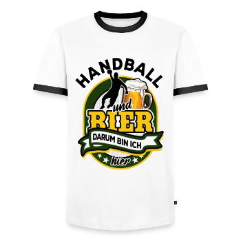 Handball & Bier - darum bin ich hier - Männer Kontrast-T-Shirt - Weiß/Schwarz - Vorne - AI Model Female 172 light (172cm) & AI Model Male 178 dark (178cm)