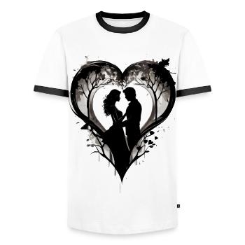 VALENTINE'S DAY COUPLE, MAN AND WOMAN IN LOVE 2024 - Men's Ringer Shirt - white/black - Front - AI Model Female 172 light (172cm) & AI Model Male 178 dark (178cm)