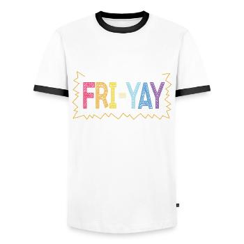 Happy Fri Yay Teacher Weekend Funny Meme - Men's Ringer Shirt - white/black - Front - AI Model Female 172 light (172cm) & AI Model Male 178 dark (178cm)