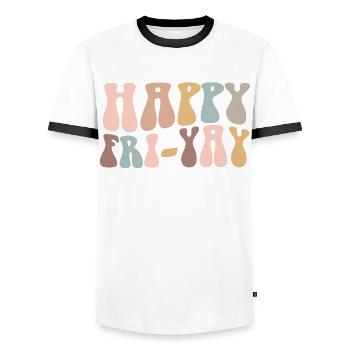 Happy Fri Yay Teacher Weekend Funny Meme - Men's Ringer Shirt - white/black - Front - AI Model Female 172 light (172cm) & AI Model Male 178 dark (178cm)