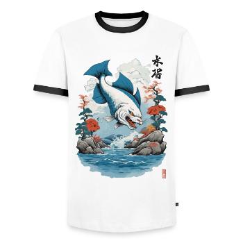 Ukiyo-E Catfish Japan Cat Streetwear Style - Men's Ringer Shirt - white/black - Front - AI Model Female 172 light (172cm) & AI Model Male 178 dark (178cm)