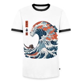 Monster Wave Japon Ukiyo-E Streetwear Vintage - T-shirt contrasté Homme - blanc/noir - Devant - AI Model Female 172 light (172cm) & AI Model Male 178 dark (178cm)