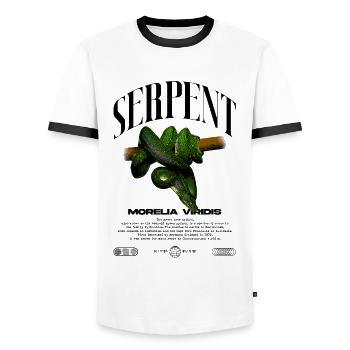 Green Tree Python Modern Reptile Keeper Streetwear - Men's Ringer Shirt - white/black - Front - AI Model Female 172 light (172cm) & AI Model Male 178 dark (178cm)