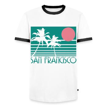 San Francisco California Souvenir - Men's Ringer Shirt - white/black - Front - AI Model Female 172 light (172cm) & AI Model Male 178 dark (178cm)
