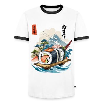 Ukiyo-E Sushi Artwork Design - Men's Ringer Shirt - white/black - Front - AI Model Female 172 light (172cm) & AI Model Male 178 dark (178cm)