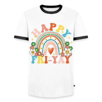 Happy Fri Yay Teacher Weekend Funny Meme - Men's Ringer Shirt - white/black - Front - AI Model Female 172 light (172cm) & AI Model Male 178 dark (178cm)