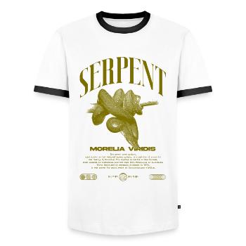 Green Tree Python Modern Reptile Keeper Streetwear - Men's Ringer Shirt - white/black - Front - AI Model Female 172 light (172cm) & AI Model Male 178 dark (178cm)