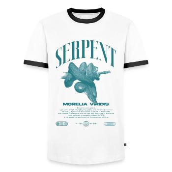 Green Tree Python Modern Reptile Keeper Streetwear - Men's Ringer Shirt - white/black - Front - AI Model Female 172 light (172cm) & AI Model Male 178 dark (178cm)