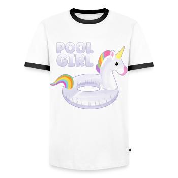 Pool Girl Unicorn Floatie Swimming Pool - Men's Ringer Shirt - white/black - Front - AI Model Female 172 light (172cm) & AI Model Male 178 dark (178cm)
