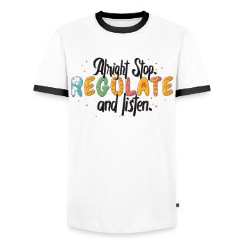 Stop Regulating and Listening Teacher - Men's Ringer Shirt - white/black - Front - AI Model Female 172 light (172cm) & AI Model Male 178 dark (178cm)