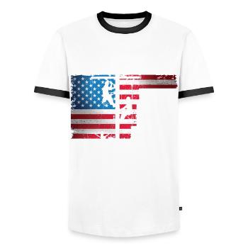 American Lineman Powerline Worker Design - Men's Ringer Shirt - white/black - Front - AI Model Female 172 light (172cm) & AI Model Male 178 dark (178cm)