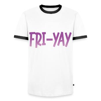 Happy Fri Yay Teacher Weekend Funny Meme - Men's Ringer Shirt - white/black - Front - AI Model Female 172 light (172cm) & AI Model Male 178 dark (178cm)