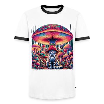 Psychedelische Katze Mit Magischen Pilzen - Männer Kontrast-T-Shirt - Weiß/Schwarz - Vorne - AI Model Female 172 light (172cm) & AI Model Male 178 dark (178cm)