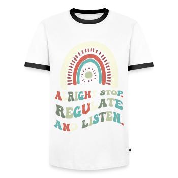 Stop Regulating and Listening Teacher - Men's Ringer Shirt - white/black - Front - AI Model Female 172 light (172cm) & AI Model Male 178 dark (178cm)