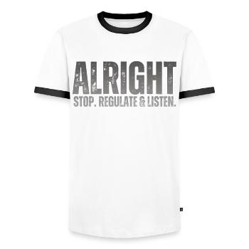 Arrêtez de réguler et d’écouter Enseignant - T-shirt contrasté Homme - blanc/noir - Devant - AI Model Female 172 light (172cm) & AI Model Male 178 dark (178cm)