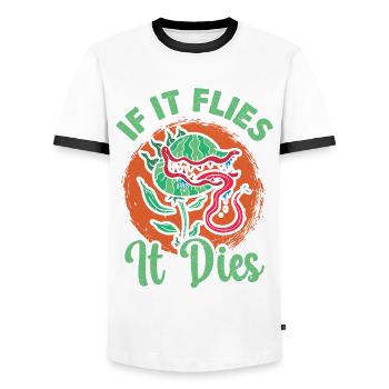 "if it flies it dies" Bold statement design - Men's Ringer Shirt - white/black - Front - AI Model Female 172 light (172cm) & AI Model Male 178 dark (178cm)