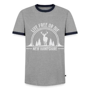 Nature Graphic « Vivre libre ou le New Hampshire » - T-shirt contrasté Homme - gris/marine  - Devant - AI Model Female 172 light (172cm) & AI Model Male 178 light (178cm)
