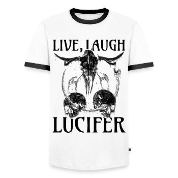 Live Love Lucifer Goth Festival Death Metal - Men's Ringer Shirt - white/black - Front - AI Model Female 172 light (172cm) & AI Model Male 178 dark (178cm)