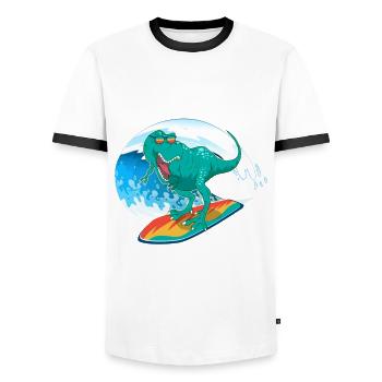 Surfing Dinosaur Dino Prehistoric - Men's Ringer Shirt - white/black - Front - AI Model Female 172 light (172cm) & AI Model Male 178 dark (178cm)