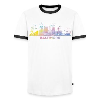 Baltimorean Watercolor Skyline Baltimore - Men's Ringer Shirt - white/black - Front - AI Model Female 172 light (172cm) & AI Model Male 178 dark (178cm)