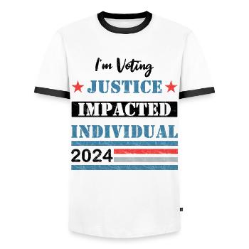 I'm Voting - Justice Impacted Individual - 2024 - Men's Ringer Shirt - white/black - Front - AI Model Female 172 light (172cm) & AI Model Male 178 dark (178cm)