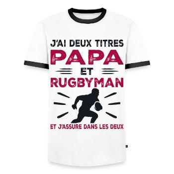 I have two titles: Dad and Rugby Player, Rugby Passionate - Men's Ringer Shirt - white/black - Front - AI Model Female 172 light (172cm) & AI Model Male 178 dark (178cm)
