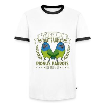 Federn und Freude - Rotsteißpapagei - Männer Kontrast-T-Shirt - Weiß/Schwarz - Vorne - AI Model Female 172 light (172cm) & AI Model Male 178 dark (178cm)