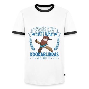 Federn und Freude - Kookaburra - Männer Kontrast-T-Shirt - Weiß/Schwarz - Vorne - AI Model Female 172 light (172cm) & AI Model Male 178 dark (178cm)
