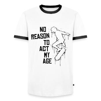 No Reason To Act My Age! Old School Urban Skater - Men's Ringer Shirt - white/black - Front - AI Model Female 172 light (172cm) & AI Model Male 178 dark (178cm)