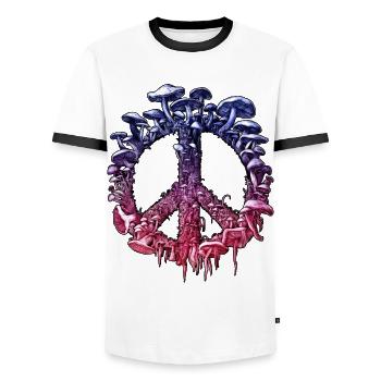 Vibrant Psychedelic Mushroom Peace Sign - Men's Ringer Shirt - white/black - Front - AI Model Female 172 light (172cm) & AI Model Male 178 dark (178cm)