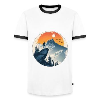 Out Of Breath Hiking Society Nature Retro Forest - Men's Ringer Shirt - white/black - Front - AI Model Female 172 light (172cm) & AI Model Male 178 dark (178cm)