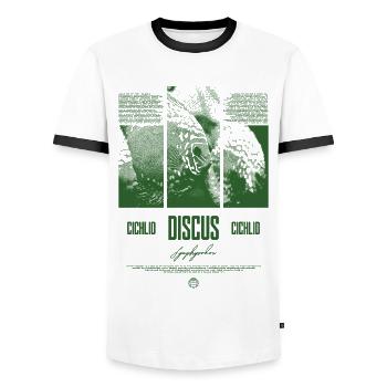 Diskusfisch Buntbarsch Aquarium Fischhalter - Männer Kontrast-T-Shirt - Weiß/Schwarz - Vorne - AI Model Female 172 light (172cm) & AI Model Male 178 dark (178cm)