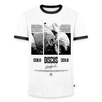Diskusfisch Buntbarsch Aquarium Fischhalter - Männer Kontrast-T-Shirt - Weiß/Schwarz - Vorne - AI Model Female 172 light (172cm) & AI Model Male 178 dark (178cm)