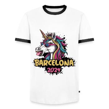 Licorne de Barcelone 2024 - T-shirt contrasté Homme - blanc/noir - Devant - AI Model Female 172 light (172cm) & AI Model Male 178 dark (178cm)