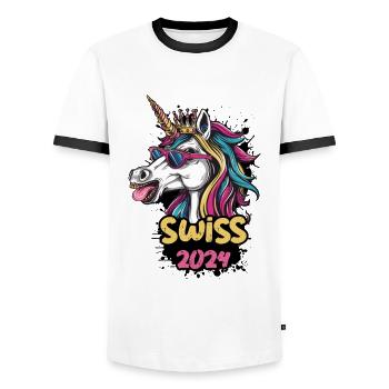 Switzerland 2024 Unicorn Swiss - Men's Ringer Shirt - white/black - Front - AI Model Female 172 light (172cm) & AI Model Male 178 dark (178cm)
