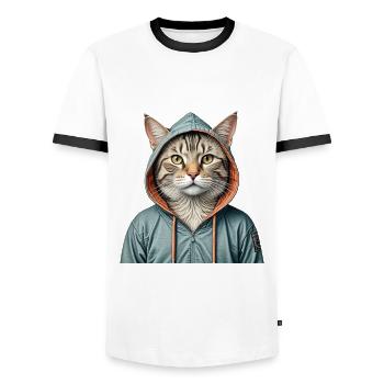 Cat wearing a jacket - Men's Ringer Shirt - white/black - Front - AI Model Female 172 light (172cm) & AI Model Male 178 dark (178cm)