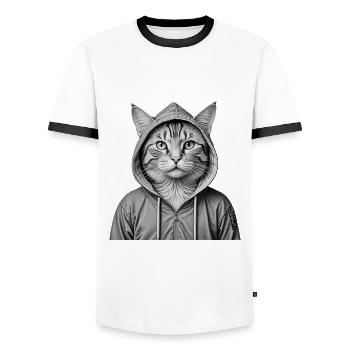 Cool cat wearing a hoodie - Men's Ringer Shirt - white/black - Front - AI Model Female 172 light (172cm) & AI Model Male 178 dark (178cm)