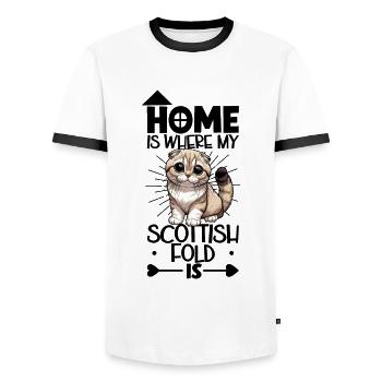 Accueil - Chat écossais à oreilles repliées - T-shirt contrasté Homme - blanc/noir - Devant - AI Model Female 172 light (172cm) & AI Model Male 178 dark (178cm)