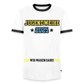 Jugendweihe 2025 Gästebuch Outfit Feier Teenager - Männer Kontrast-T-Shirt - Weiß/Schwarz - Vorne - AI Model Female 172 light (172cm) & AI Model Male 178 dark (178cm)