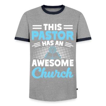 Priest Pastor Gift for Christians - Men's Ringer Shirt - grey/navy  - Front - AI Model Female 172 light (172cm) & AI Model Male 178 light (178cm)
