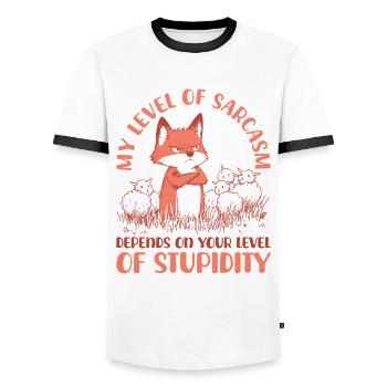 My level of sarcasm depends on your stupidity - Men's Ringer Shirt - white/black - Front - AI Model Female 172 light (172cm) & AI Model Male 178 dark (178cm)