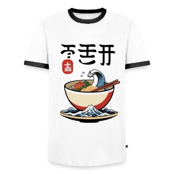 Ramen ukiyo-e Japanese retro aesthetic - Men's Ringer Shirt - white/black - Front - AI Model Female 172 light (172cm) & AI Model Male 178 dark (178cm)