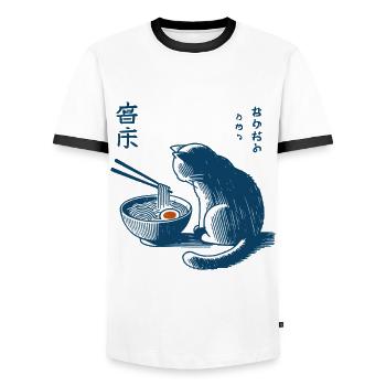 Ramen Noodles Cat Kawaii Retro Japan Streetwear - Men's Ringer Shirt - white/black - Front - AI Model Female 172 light (172cm) & AI Model Male 178 dark (178cm)
