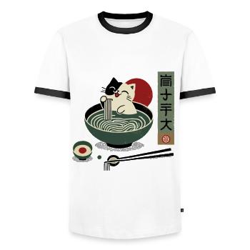 Kawaii Ramen Cat : Nouilles japonaises Ukiyo-E - T-shirt contrasté Homme - blanc/noir - Devant - AI Model Female 172 light (172cm) & AI Model Male 178 dark (178cm)